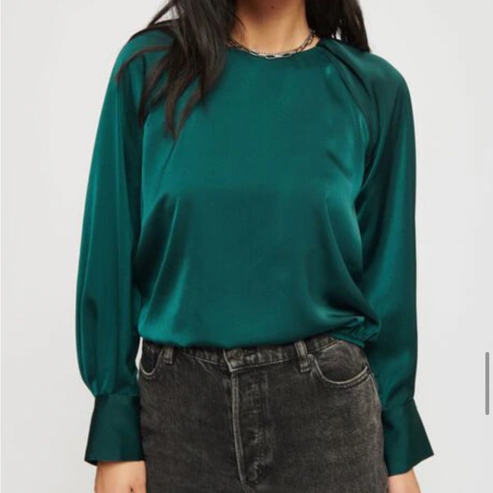 Romy Open-Back Satin Teal Blouse with tie detail